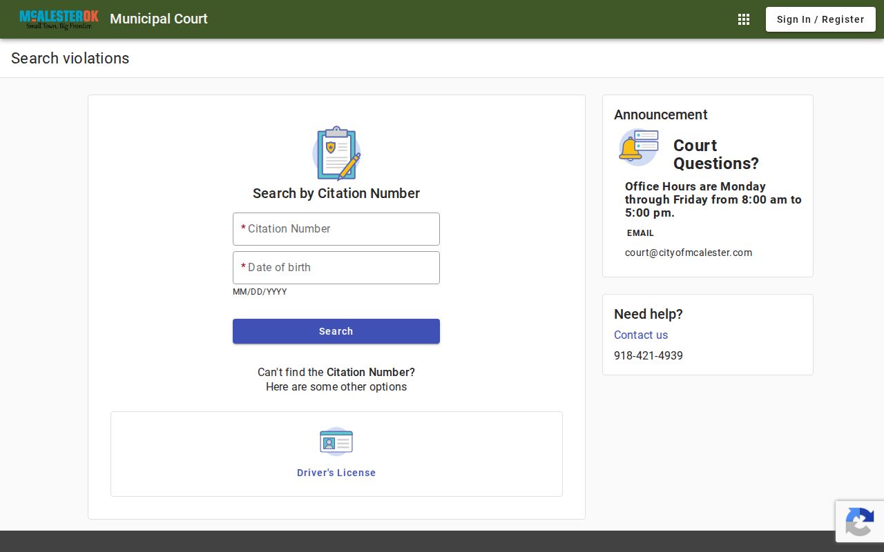 Pittsburg County McAlester municipal court citation record search interface