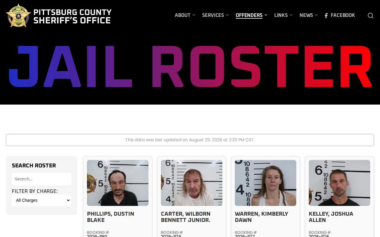 Pittsburg County Jail Roster booking record search interface