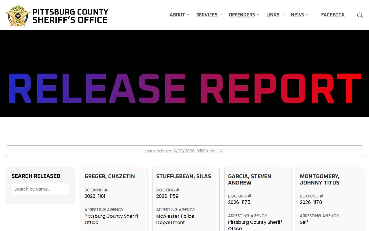 Pittsburg County official Release Report for released booking records